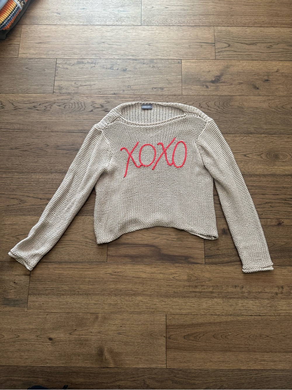 Wooden Ships Cream Knit Sweater with Coral 'XOXO' Embroidery
